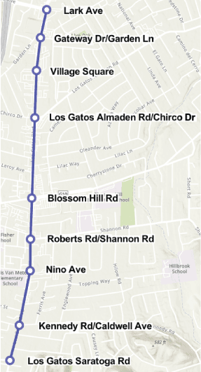 A map showing Los Gatos Boulevard from Lark Ave to Los Gatos Saratoga Rd